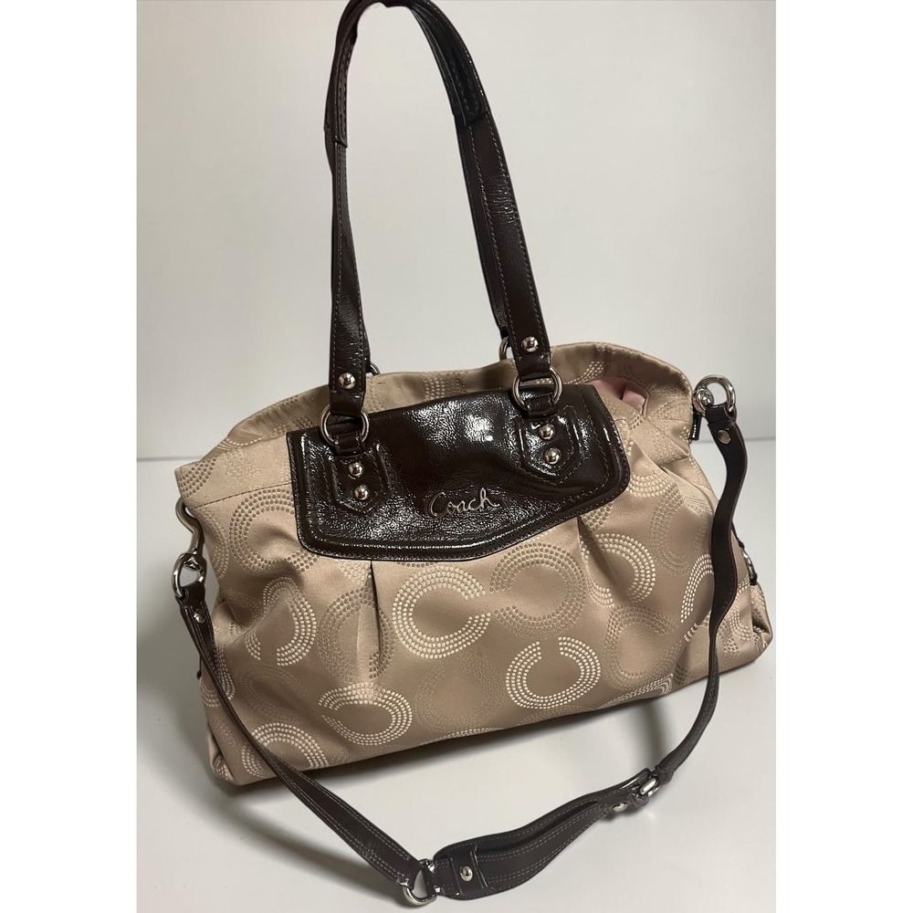 Coach F20049 Madison Op Art Sateen Maggie Satchel Khaki Patent Shoulder Bag